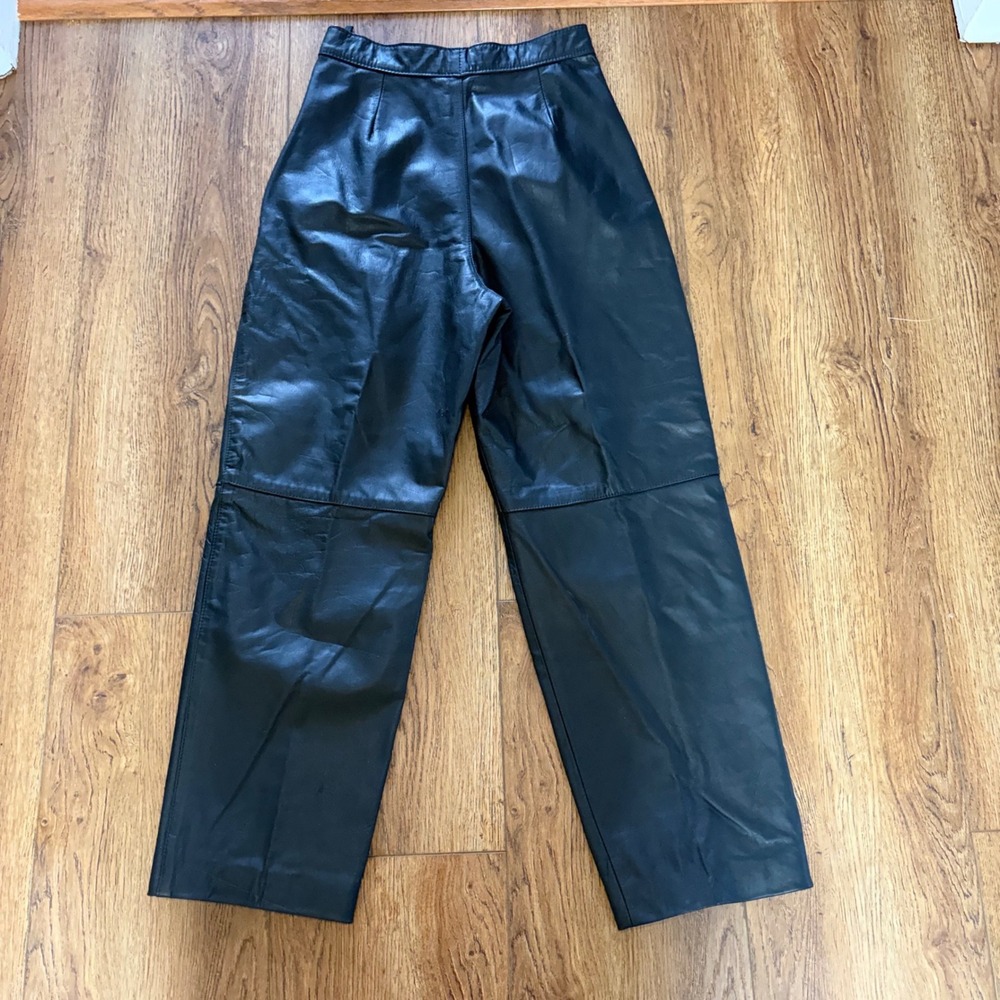 90s Comint Black Genuine Leather Pleated High Waist Pants Womens 25x27 moto boho - Picture 8 of 11